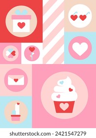 Mosaic postcard. Trendy geometric background. Seamless pattern for Valentine's Day. Bauhaus style. Abstract pattern with pink hearts, flowers, gifts and red lips, eyes and kisses
