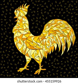 Mosaic poster of a golden rooster on black background. Good for prints, covers, posters, cards, gift design. Happy 2017 Chinese New Year card.