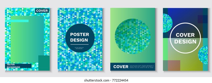 Mosaic posters set, geometric shapes, isometric pattern, turquoise cover in trendy minimalistic style, vector fashion cover