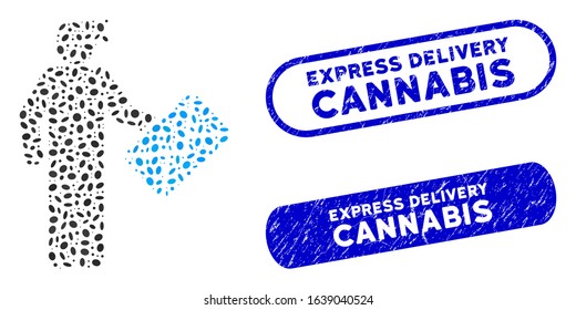 Mosaic postman and distressed stamp seals with Express Delivery Cannabis phrase. Mosaic vector postman is formed with randomized ellipse spots. Express Delivery Cannabis stamp seals use blue color,