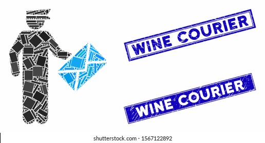 Mosaic postman pictogram and rectangle watermarks. Flat vector postman mosaic icon of randomized rotated rectangle elements. Blue caption watermarks with distress textures.