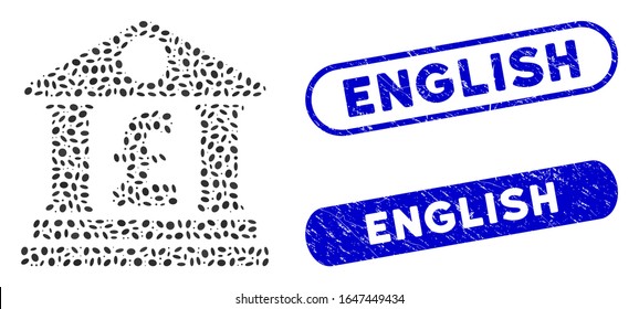 Mosaic pound bank building and corroded stamp seals with English caption. Mosaic vector pound bank building is created with randomized elliptic pieces. English stamp seals use blue color,