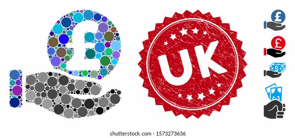 Mosaic pound coin payment hand icon and distressed stamp watermark with Uk phrase. Mosaic vector is formed with pound coin payment hand icon and with random round items. Uk stamp uses red color,