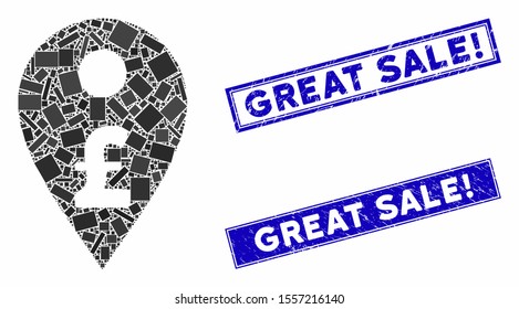 Mosaic pound map marker icon and rectangular seal stamps. Flat vector pound map marker mosaic pictogram of random rotated rectangular items. Blue caption seal stamps with corroded surface.