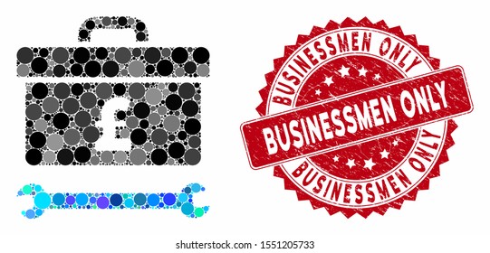 Mosaic pound toolbox and distressed stamp seal with Businessmen Only phrase. Mosaic vector is formed with pound toolbox icon and with random circle spots. Businessmen Only stamp uses red color,
