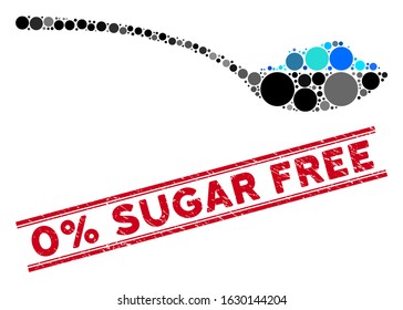 Mosaic powder spoon icon and distressed stamp seal with 0% Sugar Free caption between double parallel lines. Mosaic vector is created with powder spoon icon and with scattered circle items.