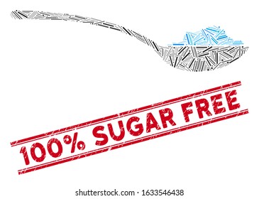 Mosaic powder spoon pictogram and red 100% Sugar Free seal stamp between double parallel lines. Flat vector powder spoon mosaic pictogram of randomized rotated line items.