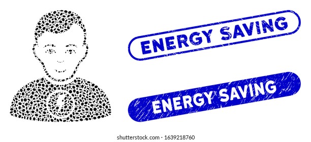 Mosaic power man and grunge stamp watermarks with Energy Saving caption. Mosaic vector power man is designed with random ellipse parts. Energy Saving stamp seals use blue color,