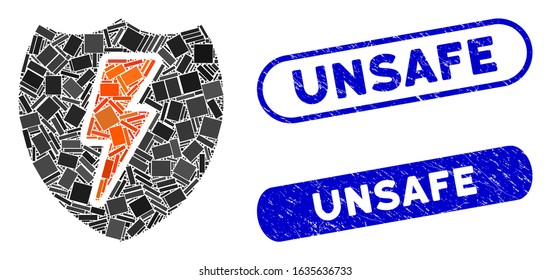 Mosaic power shield and rubber stamp seals with Unsafe caption. Mosaic vector power shield is created with randomized rectangle items. Unsafe stamp seals use blue color,