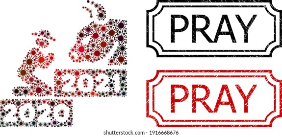 Mosaic pray golden bull year united from covid elements, and grunge Pray rectangle stamps with notches.