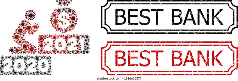 Mosaic pray for money 2021 united from coronavirus icons, and grunge Best Bank rectangle badges with notches.