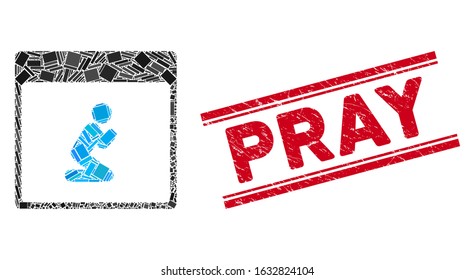 Mosaic pray person calendar page pictogram and red Pray seal stamp between double parallel lines. Flat vector pray person calendar page mosaic pictogram of randomized rotated rectangle items.