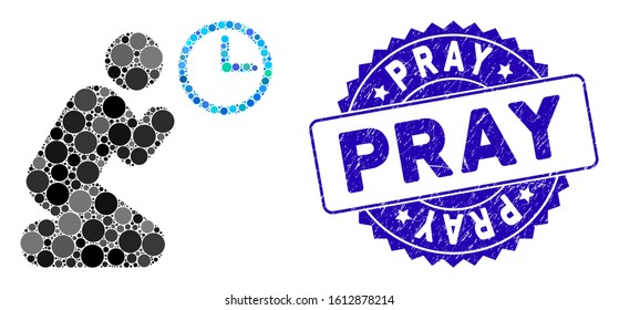 Mosaic pray time icon and rubber stamp seal with Pray text. Mosaic vector is designed with pray time icon and with randomized round elements. Pray stamp uses blue color, and rubber surface.
