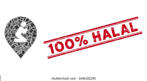 Mosaic prayer map marker icon and red 100 Percent Halal seal stamp between double parallel lines. Flat vector prayer map marker mosaic icon of random rotated rectangle elements.