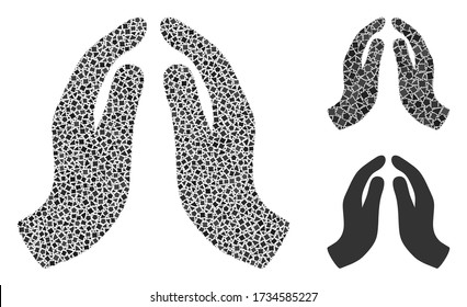 Mosaic Praying hands icon constructed from joggly parts in random sizes, positions and proportions. Vector rough parts are combined into abstract mosaic praying hands icon.