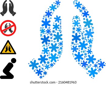 Mosaic praying hands icon done for winter, New Year, Christmas. Praying hands icon mosaic is constructed of light blue snow icons. Some bonus icons are added.