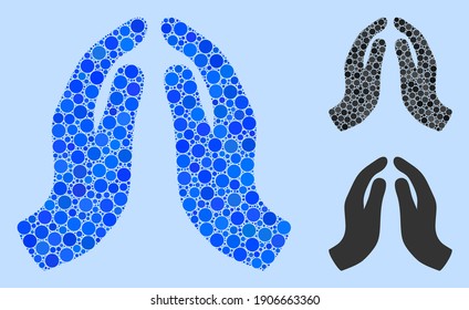Icono de las manos rezando mosaico organizado a partir de elementos esféricos de diferentes tamaños, posiciones y proporciones. Las manchas esféricas azul vectorial se combinan en un icono abstracto de manos de oración de mosaicos.