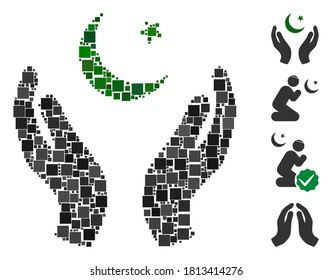 Mosaic Praying muslim hands icon constructed from square elements in various sizes and color hues. Vector square elements are arranged into abstract mosaic praying muslim hands icon.