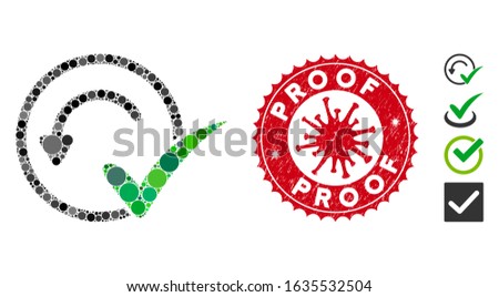Mosaic pre-approved icon and red round grunge stamp seal with Proof phrase and coronavirus symbol. Mosaic vector is designed from pre-approved icon and with randomized round elements.