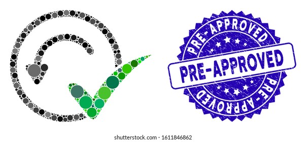 Mosaic pre-approved icon and rubber stamp seal with Pre-Approved caption. Mosaic vector is formed with pre-approved icon and with random circle spots. Pre-Approved stamp uses blue color,