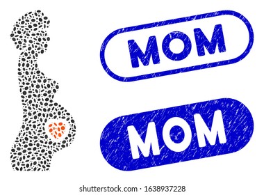 Mosaic pregnant female and distressed stamp seals with Mom caption. Mosaic vector pregnant female is created with random oval dots. Mom seals use blue color, and have round rectangle shape.