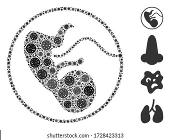 Mosaic prenatal composed of flu virus icons in various sizes and color hues. Vector viral items are grouped into abstract mosaic prenatal icon. Some bonus icons are added.