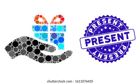 Mosaic present icon and grunge stamp seal with Present caption. Mosaic vector is created from present icon and with randomized round spots. Present stamp uses blue color, and grunge texture.