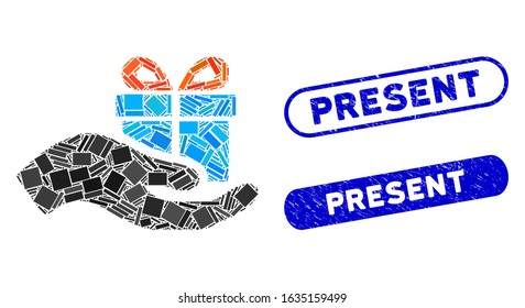 Mosaic present and rubber stamp seals with Present phrase. Mosaic vector present is designed with random rectangle items. Present seals use blue color, and have round rectangle shape.