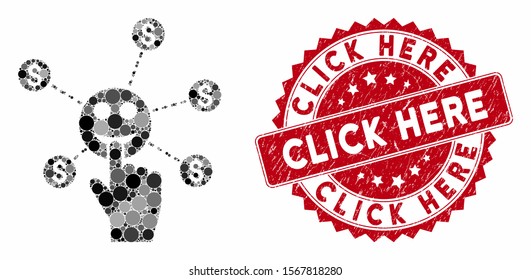 Mosaic press smile banking network and corroded stamp seal with Click Here phrase. Mosaic vector is designed from press smile banking network icon and with randomized circle items.