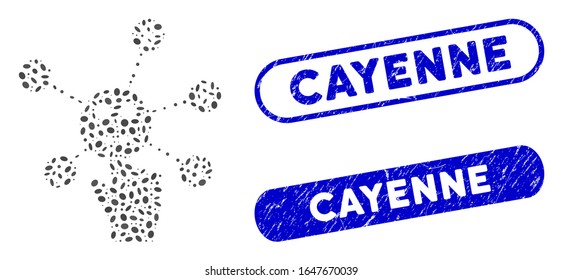 Mosaic press smile banking network and corroded stamp seals with Cayenne caption. Mosaic vector press smile banking network is composed with randomized elliptic dots. 