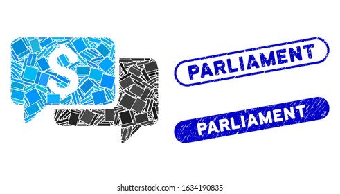 Mosaic price bids and distressed stamp seals with Parliament text. Mosaic vector price bids is composed with random rectangles. Parliament stamp seals use blue color, and have round rectangle shape.