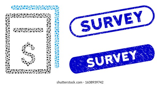 Mosaic price copy and grunge stamp seals with Survey caption. Mosaic vector price copy is composed with randomized oval dots. Survey seals use blue color, and have round rectangle shape.
