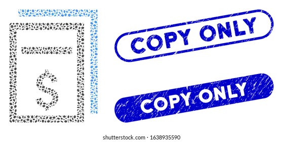 Mosaic price copy page and corroded stamp seals with Copy Only text. Mosaic vector price copy page is designed with scattered oval items. Copy Only stamp seals use blue color,