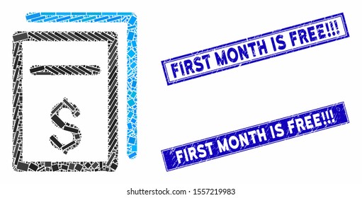 Mosaic price copy pictogram and rectangular watermarks. Flat vector price copy mosaic pictogram of scattered rotated rectangular items. Blue caption stamps with grunge textures.