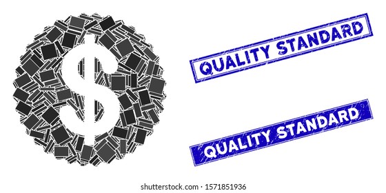 Mosaic price sticker icon and rectangle Quality Standard seals. Flat vector price sticker mosaic icon of randomized rotated rectangular items. Blue Quality Standard rubber stamps with rubber texture.