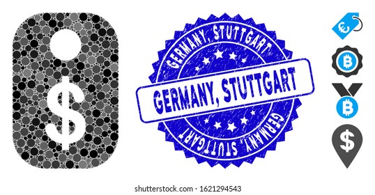 Mosaic price tag icon and corroded stamp watermark with Germany, Stuttgart caption. Mosaic vector is created with price tag icon and with scattered spheric items. Germany,