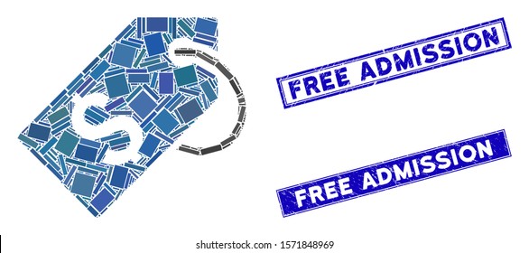 Mosaik Preis-Tag-Symbol und Rechteck Freier Einlass-Siegel Briefmarken. Flatrate Vektorillustration Preis-Tag Mosaik Symbol von zufälligen gedreht Rechteck Elemente. Blue Free Admission Gummi Briefmarken mit gekratzter Textur.