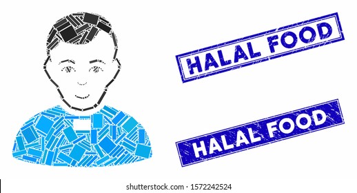 Mosaic priest icon and rectangle Halal Food seals. Flat vector priest mosaic icon of scattered rotated rectangle items. Blue Halal Food stamps with scratched texture.