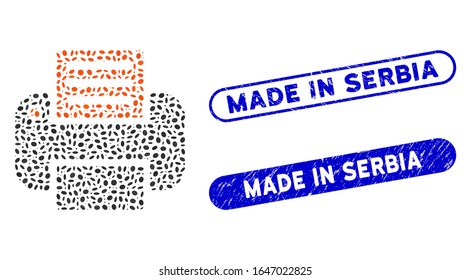 Mosaic print and grunge stamp seals with Made in Serbia text. Mosaic vector print is designed with random oval parts. Made in Serbia stamp seals use blue color, and have round rectangle shape.
