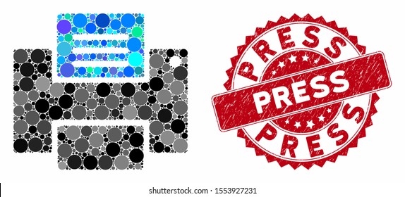 Mosaic printer and distressed stamp watermark with Press text. Mosaic vector is formed with printer icon and with scattered round spots. Press stamp uses red color, and dirty design.