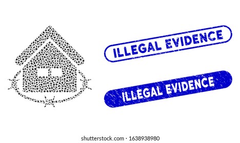 Mosaic prison building and corroded stamp watermarks with Illegal Evidence text. Mosaic vector prison building is created with randomized elliptic items. Illegal Evidence stamp seals use blue color,