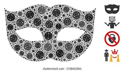 Mosaic privacy mask composed of coronavirus elements in random sizes and color hues. Vector pathogen items are composed into abstract collage privacy mask icon. Some bonus icons are added.