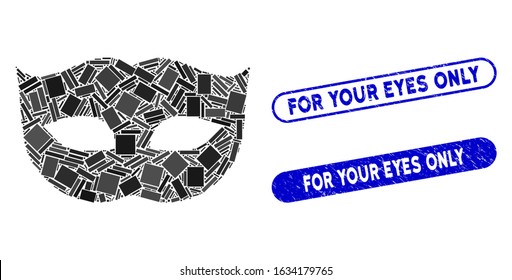 Mosaic privacy mask and corroded stamp seals with For Your Eyes Only caption. Mosaic vector privacy mask is created with scattered rectangle items. For Your Eyes Only stamp seals use blue color,