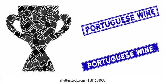 Mosaic prize cup pictogram and rectangle Portuguese Wine stamps. Flat vector prize cup mosaic pictogram of scattered rotated rectangle elements. Blue Portuguese Wine rubber seals with grunge texture.