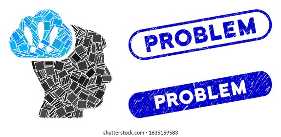 Mosaic problem brainstorm and corroded stamp watermarks with Problem text. Mosaic vector problem brainstorm is designed with scattered rectangle items. Problem stamp seals use blue color,