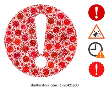 Mosaic problem constructed from covid-2019 virus icons in variable sizes and color hues. Vector viral icons are grouped into abstract composition problem icon. Some bonus icons are added.