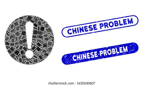 Mosaic problem and corroded stamp watermarks with Chinese Problem phrase. Mosaic vector problem is designed with scattered rectangle items. Chinese Problem stamp seals use blue color,