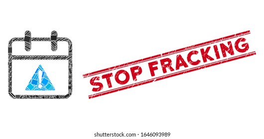 Mosaic problem day pictogram and red Stop Fracking seal stamp between double parallel lines. Flat vector problem day mosaic pictogram of randomized rotated rectangular items.