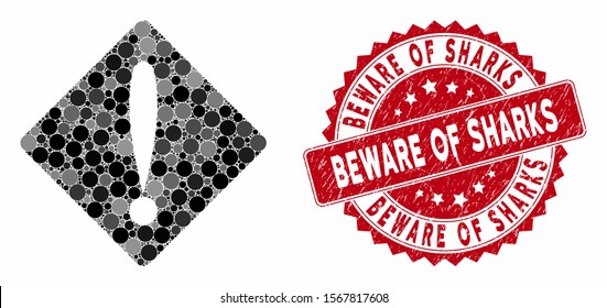 Mosaic problem and grunge stamp seal with Beware of Sharks phrase. Mosaic vector is formed with problem icon and with randomized circle items. Beware of Sharks stamp seal uses red color,