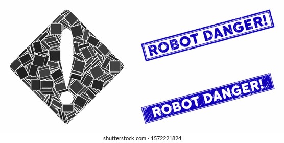Mosaic problem icon and rectangular Robot Danger! stamps. Flat vector problem mosaic icon of scattered rotated rectangular items. Blue Robot Danger! rubber seals with grunged texture.